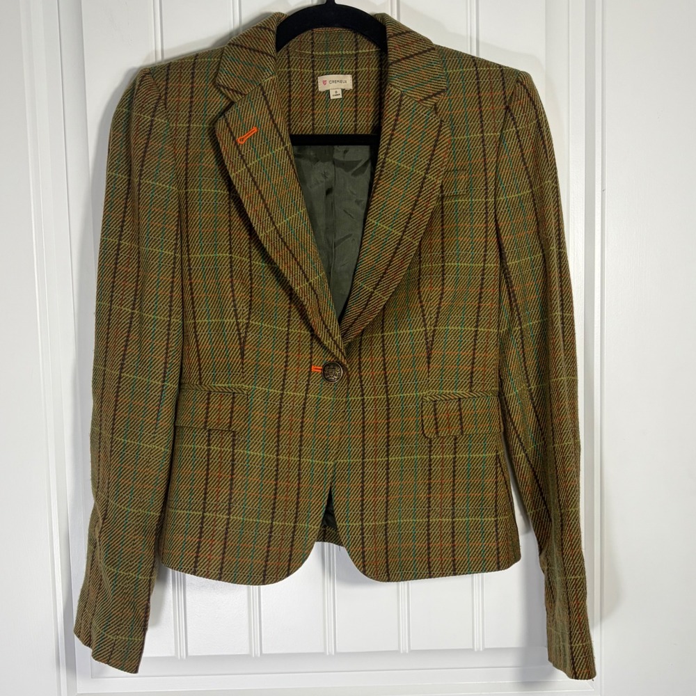 Cremieux Womens Brown Plaid Blazer Elbow Patches Single Button Jacket Size 0